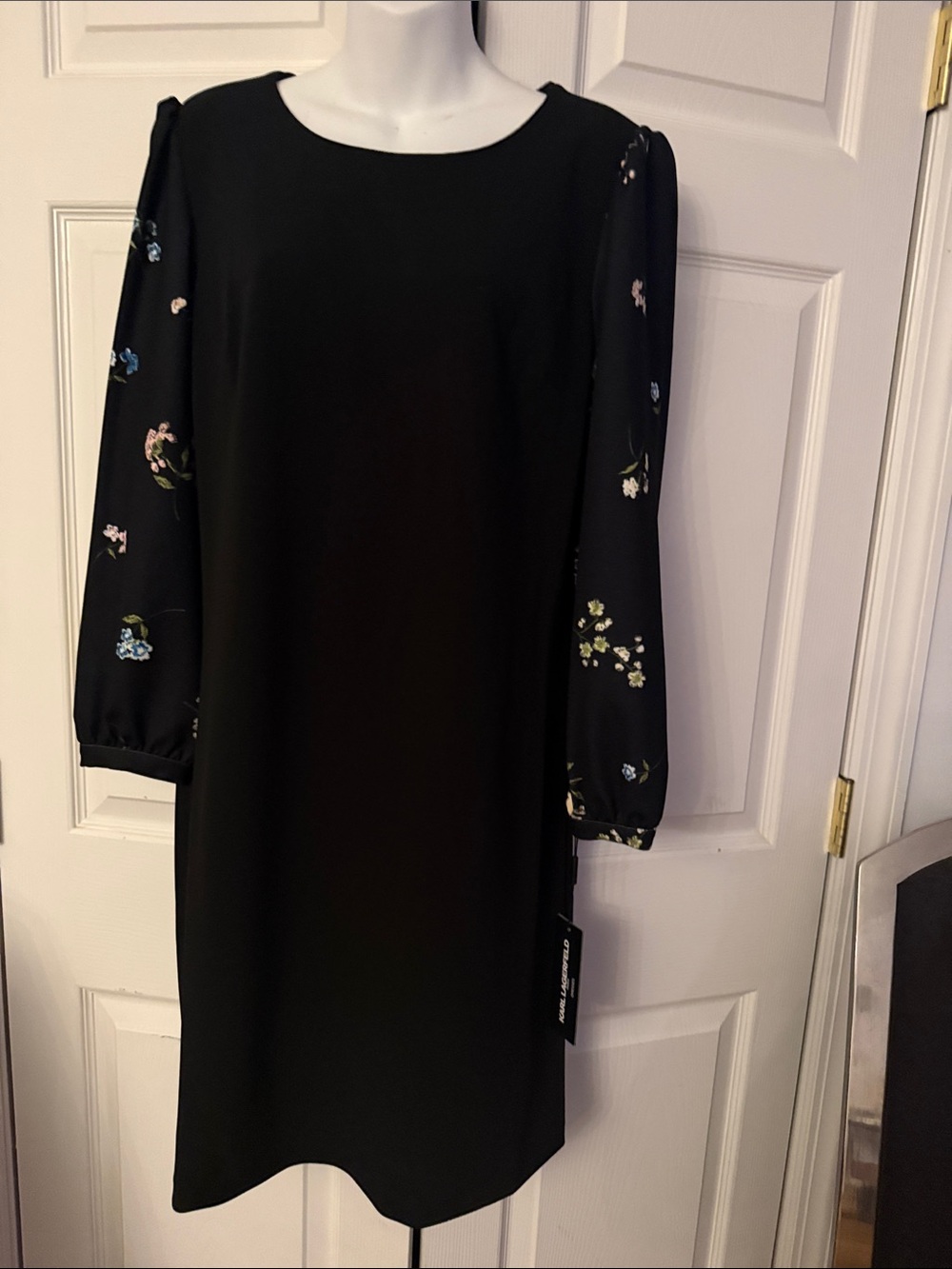 Karl Lagerfeld Black Midi Dress with Floral Sleeve Detail